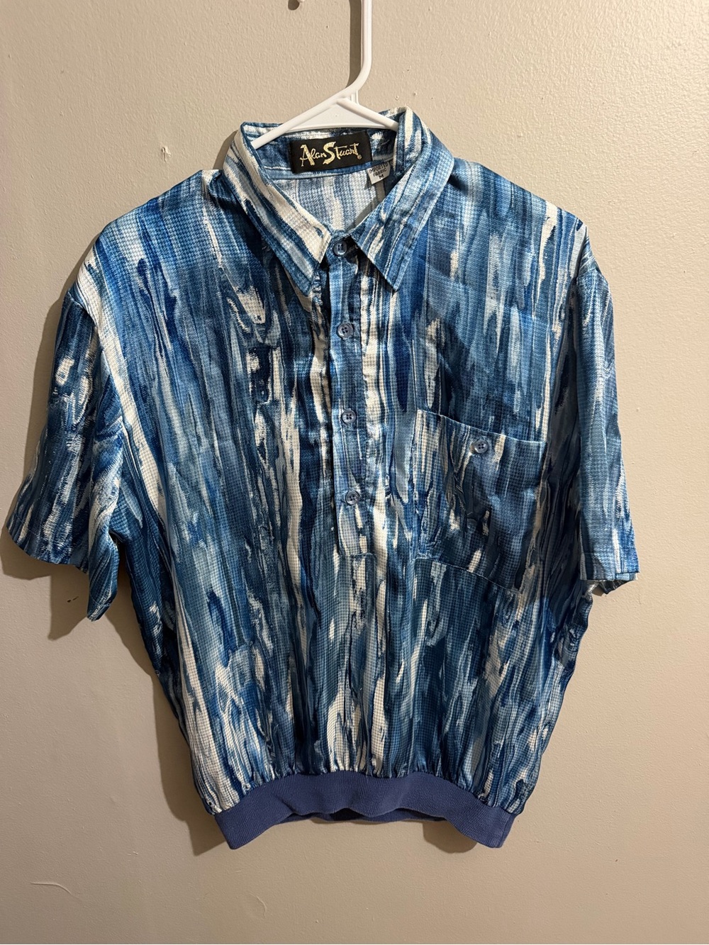 Alen Stuart 80s Vintage Blue Abstract Short Sleeve Button Up Shirt Mens Medium